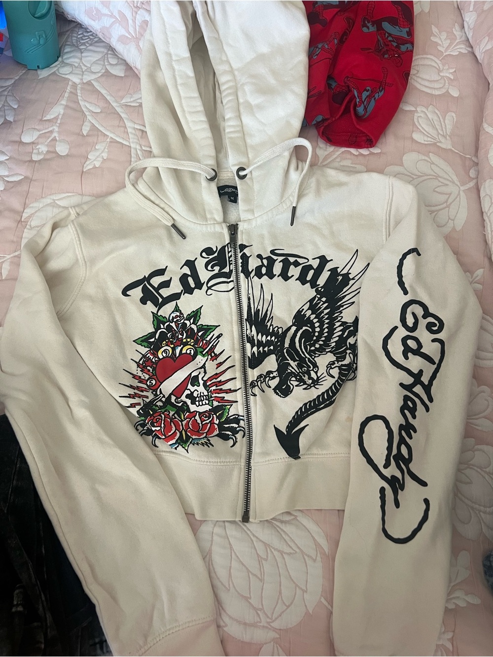Ed Hardy Cream Zip-Up Hoodie with Black Script & Colorful Tattoo Graphics - Picture 1 of 3